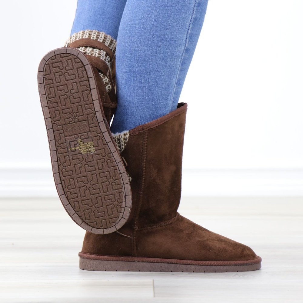 Brown Winter Warm Sherpa Lining Inside  No Heel Mid Calf Flat Boots - Picture 5 of 11